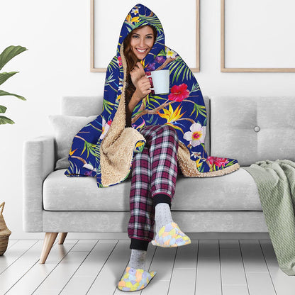Watercolor Tropical Flower Pattern Print Hooded Blanket