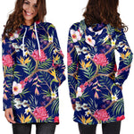 Watercolor Tropical Flower Pattern Print Hoodie Dress GearFrost