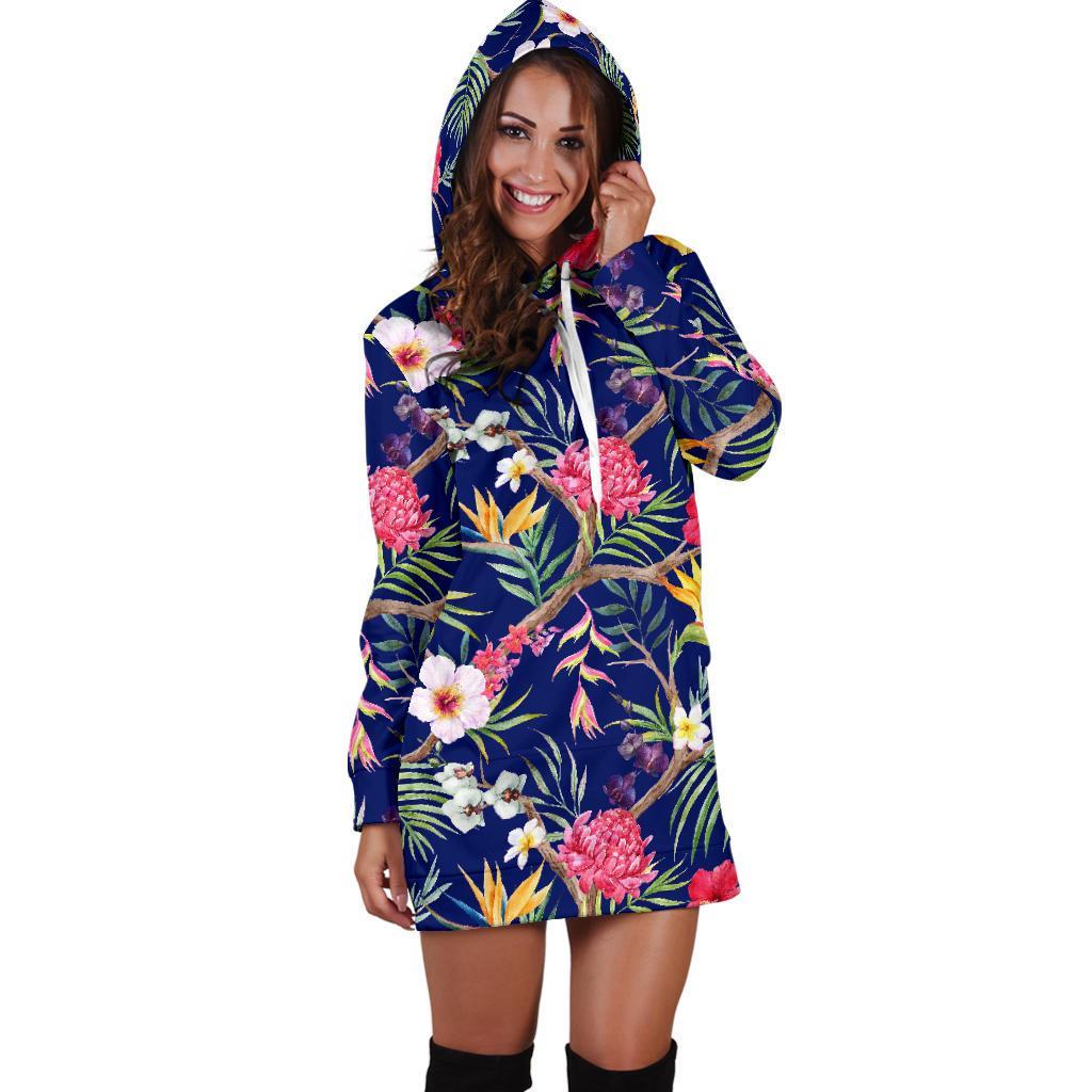 Watercolor Tropical Flower Pattern Print Hoodie Dress GearFrost