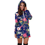 Watercolor Tropical Flower Pattern Print Hoodie Dress GearFrost