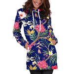 Watercolor Tropical Flower Pattern Print Hoodie Dress GearFrost