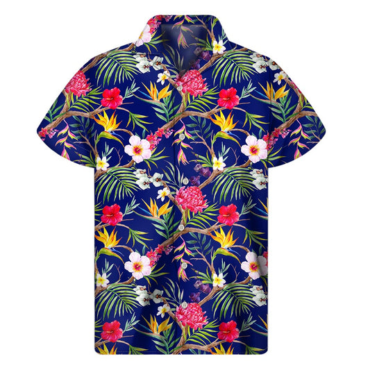 Watercolor Tropical Flower Pattern Print Men's Short Sleeve Shirt