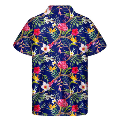 Watercolor Tropical Flower Pattern Print Men's Short Sleeve Shirt