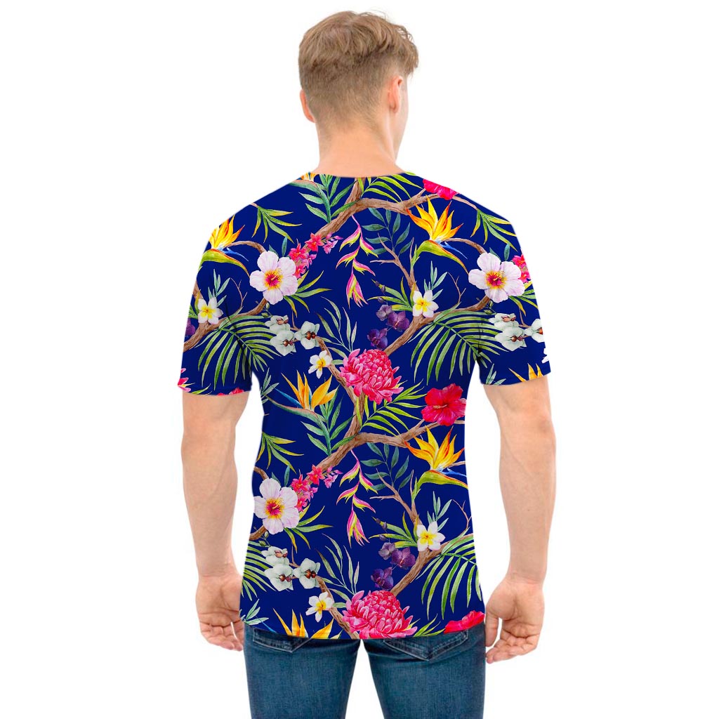 Watercolor Tropical Flower Pattern Print Men's T-Shirt