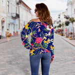 Watercolor Tropical Flower Pattern Print Off Shoulder Sweatshirt GearFrost