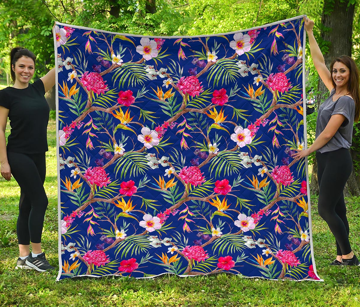 Watercolor Tropical Flower Pattern Print Quilt
