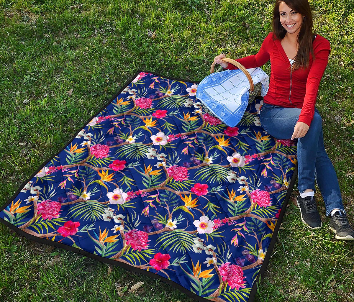 Watercolor Tropical Flower Pattern Print Quilt