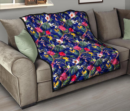 Watercolor Tropical Flower Pattern Print Quilt