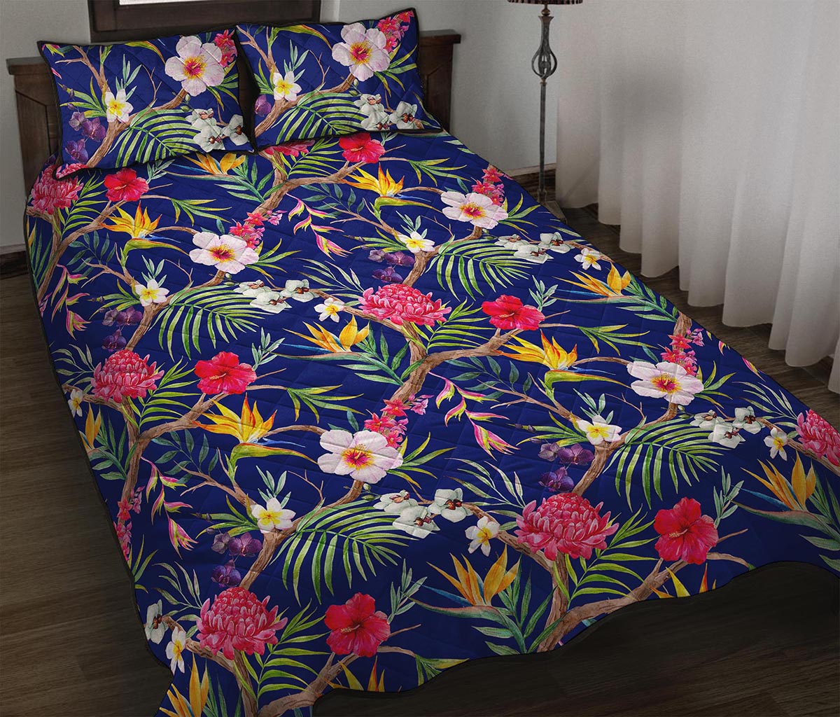 Watercolor Tropical Flower Pattern Print Quilt Bed Set