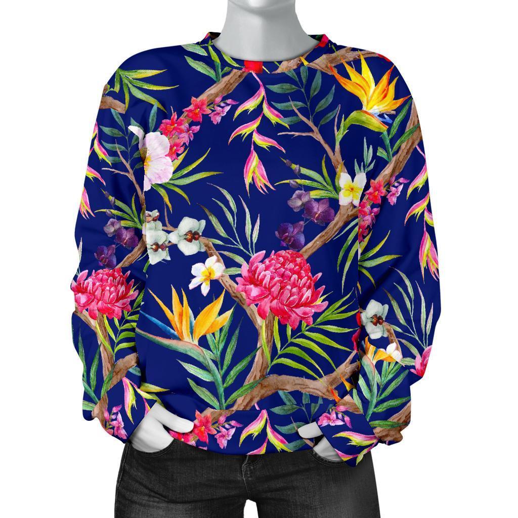 Watercolor Tropical Flower Pattern Print Women's Crewneck Sweatshirt GearFrost