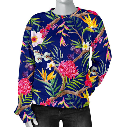 Watercolor Tropical Flower Pattern Print Women's Crewneck Sweatshirt GearFrost
