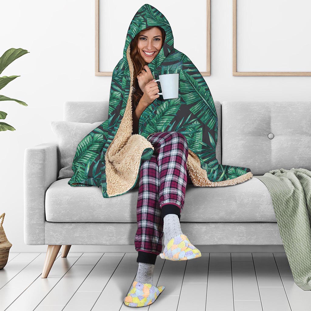 Watercolor Tropical Leaf Pattern Print Hooded Blanket