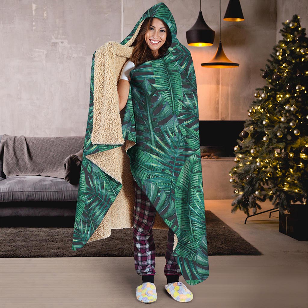 Watercolor Tropical Leaf Pattern Print Hooded Blanket