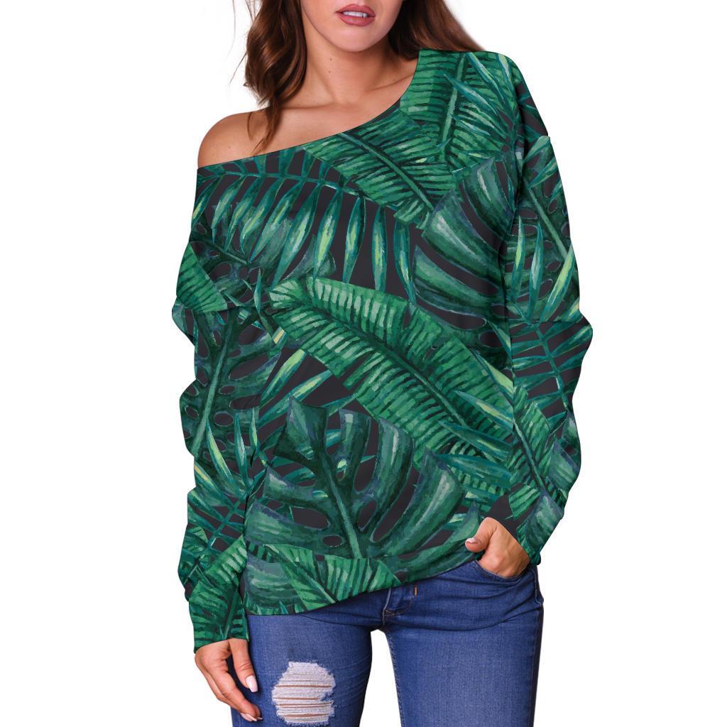 Watercolor Tropical Leaf Pattern Print Off Shoulder Sweatshirt GearFrost