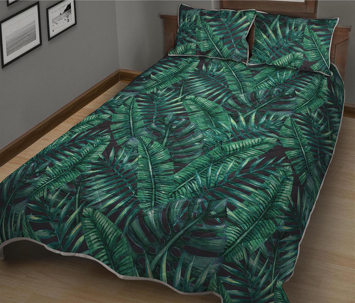 Watercolor Tropical Leaf Pattern Print Quilt Bed Set