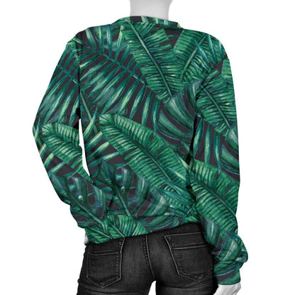 Watercolor Tropical Leaf Pattern Print Women's Crewneck Sweatshirt GearFrost