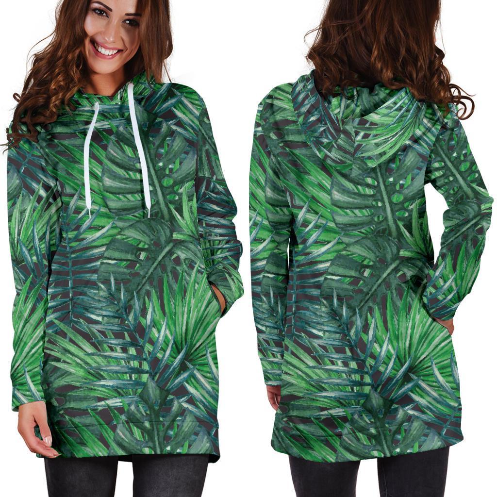 Watercolor Tropical Leaves Pattern Print Hoodie Dress GearFrost