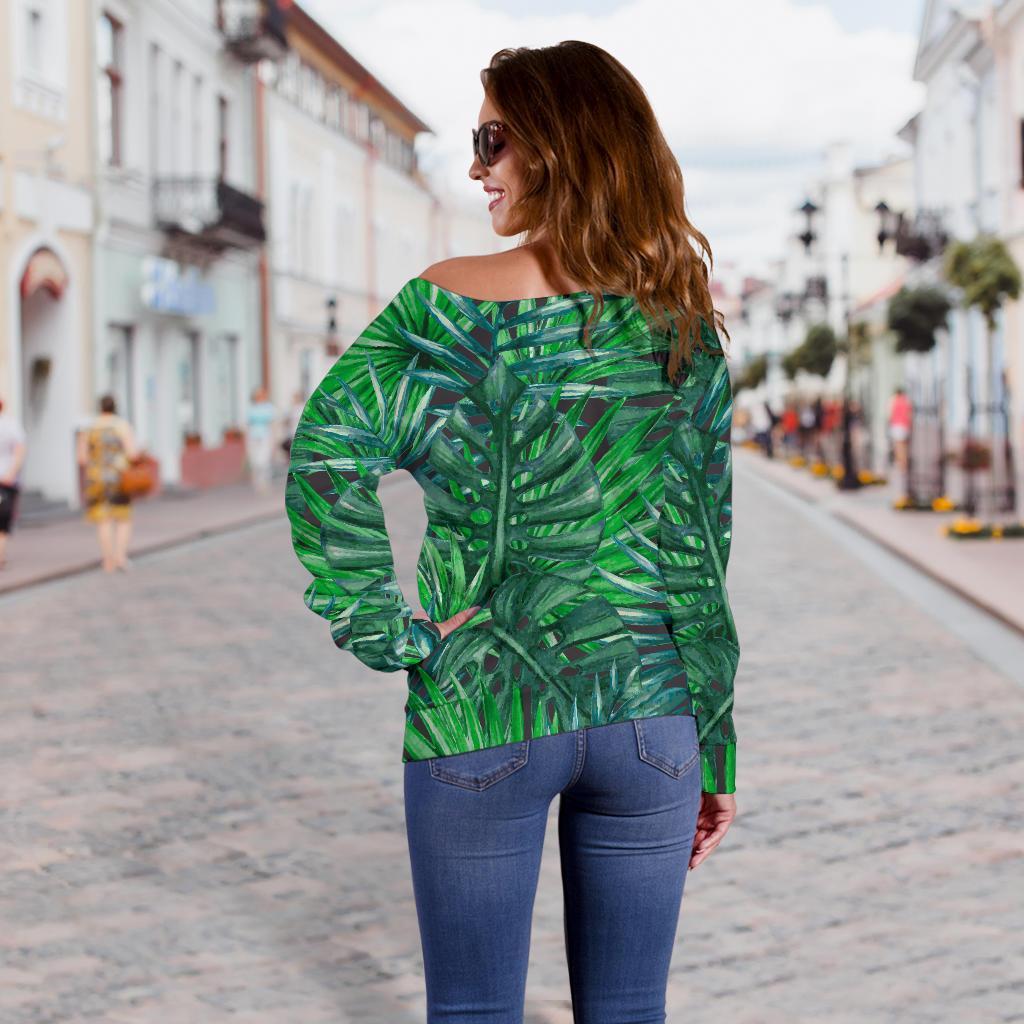 Watercolor Tropical Leaves Pattern Print Off Shoulder Sweatshirt GearFrost