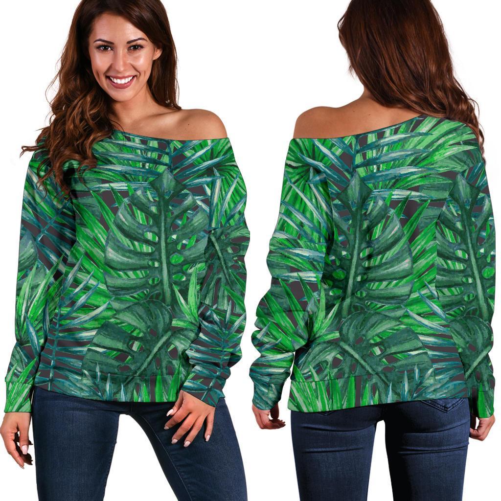 Watercolor Tropical Leaves Pattern Print Off Shoulder Sweatshirt GearFrost