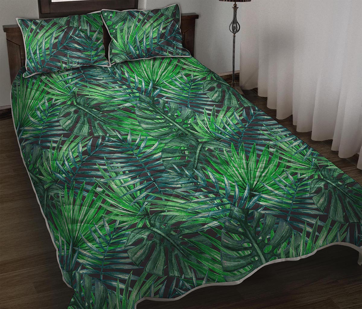 Watercolor Tropical Leaves Pattern Print Quilt Bed Set