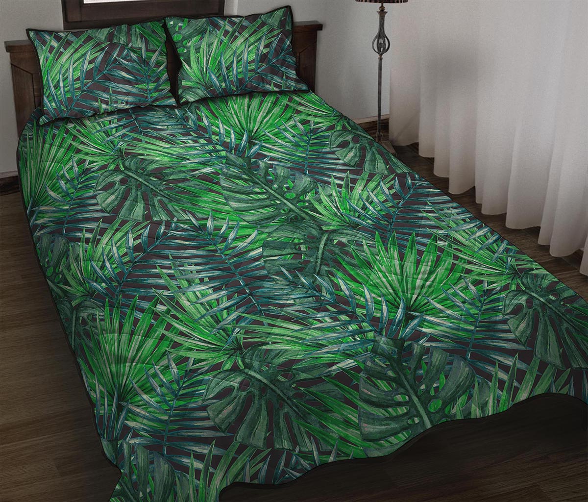 Watercolor Tropical Leaves Pattern Print Quilt Bed Set