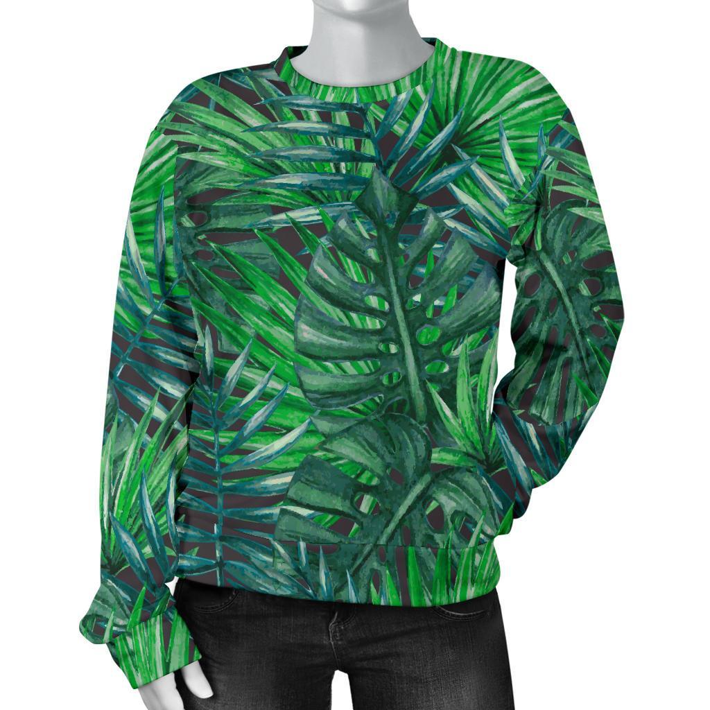 Watercolor Tropical Leaves Pattern Print Women's Crewneck Sweatshirt GearFrost