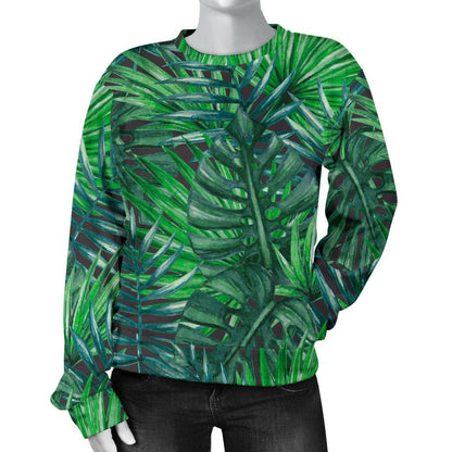 Watercolor Tropical Leaves Pattern Print Women's Crewneck Sweatshirt GearFrost