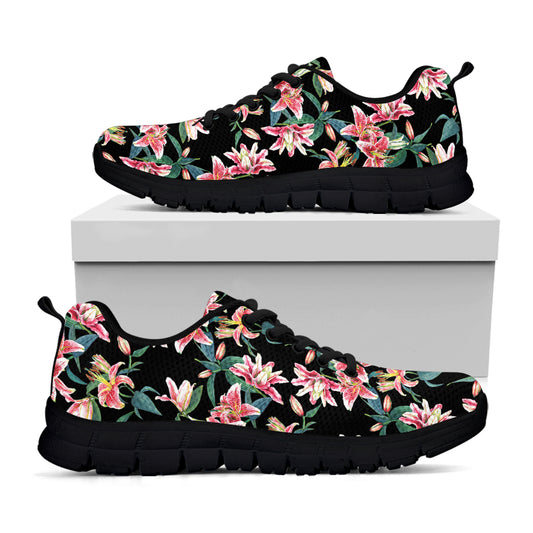 Watercolor Tropical Lily Pattern Print Black Sneakers
