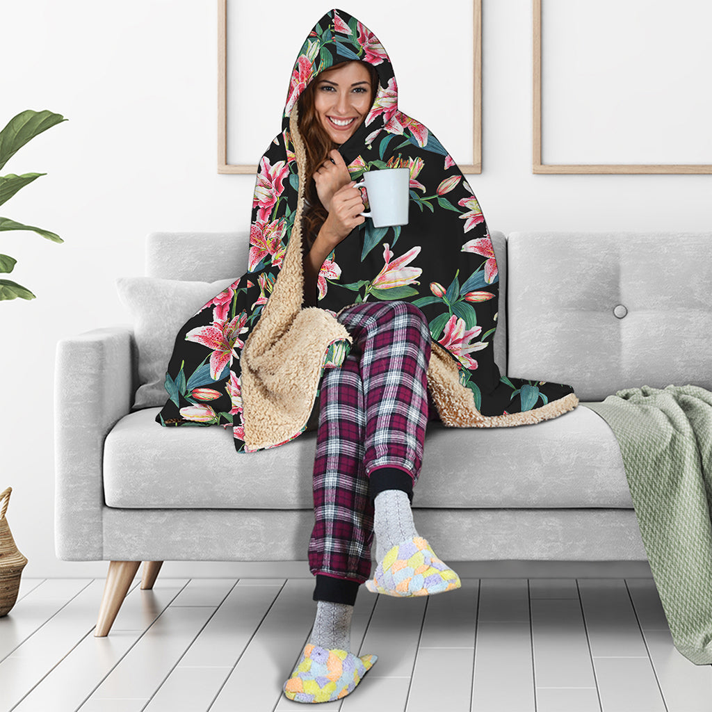 Watercolor Tropical Lily Pattern Print Hooded Blanket