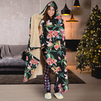 Watercolor Tropical Lily Pattern Print Hooded Blanket