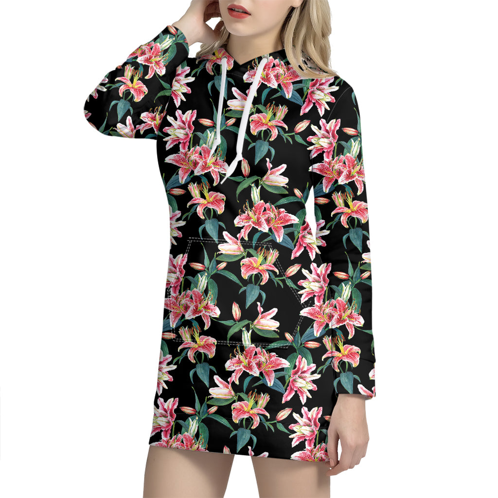 Watercolor Tropical Lily Pattern Print Hoodie Dress