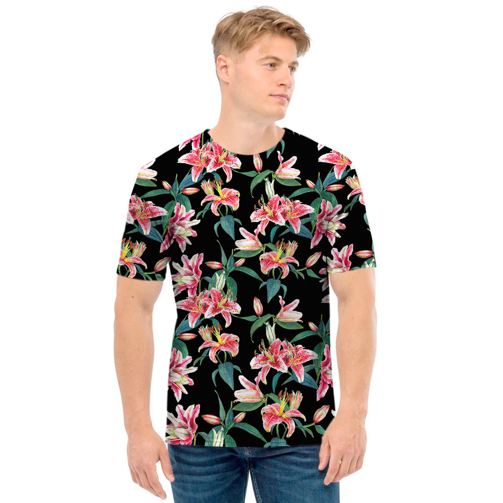 Watercolor Tropical Lily Pattern Print Men's T-Shirt