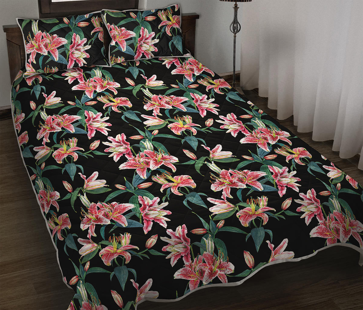 Watercolor Tropical Lily Pattern Print Quilt Bed Set