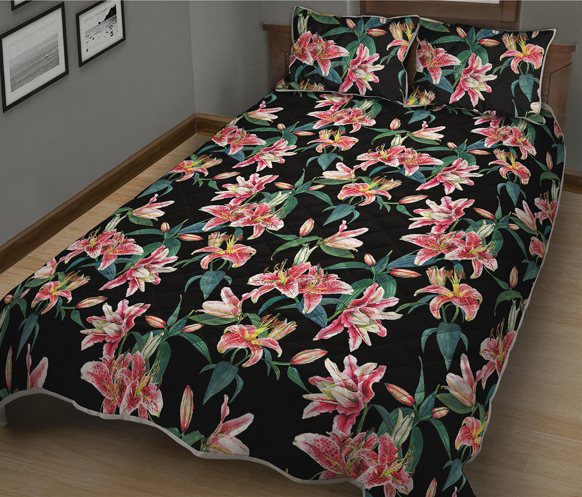 Watercolor Tropical Lily Pattern Print Quilt Bed Set