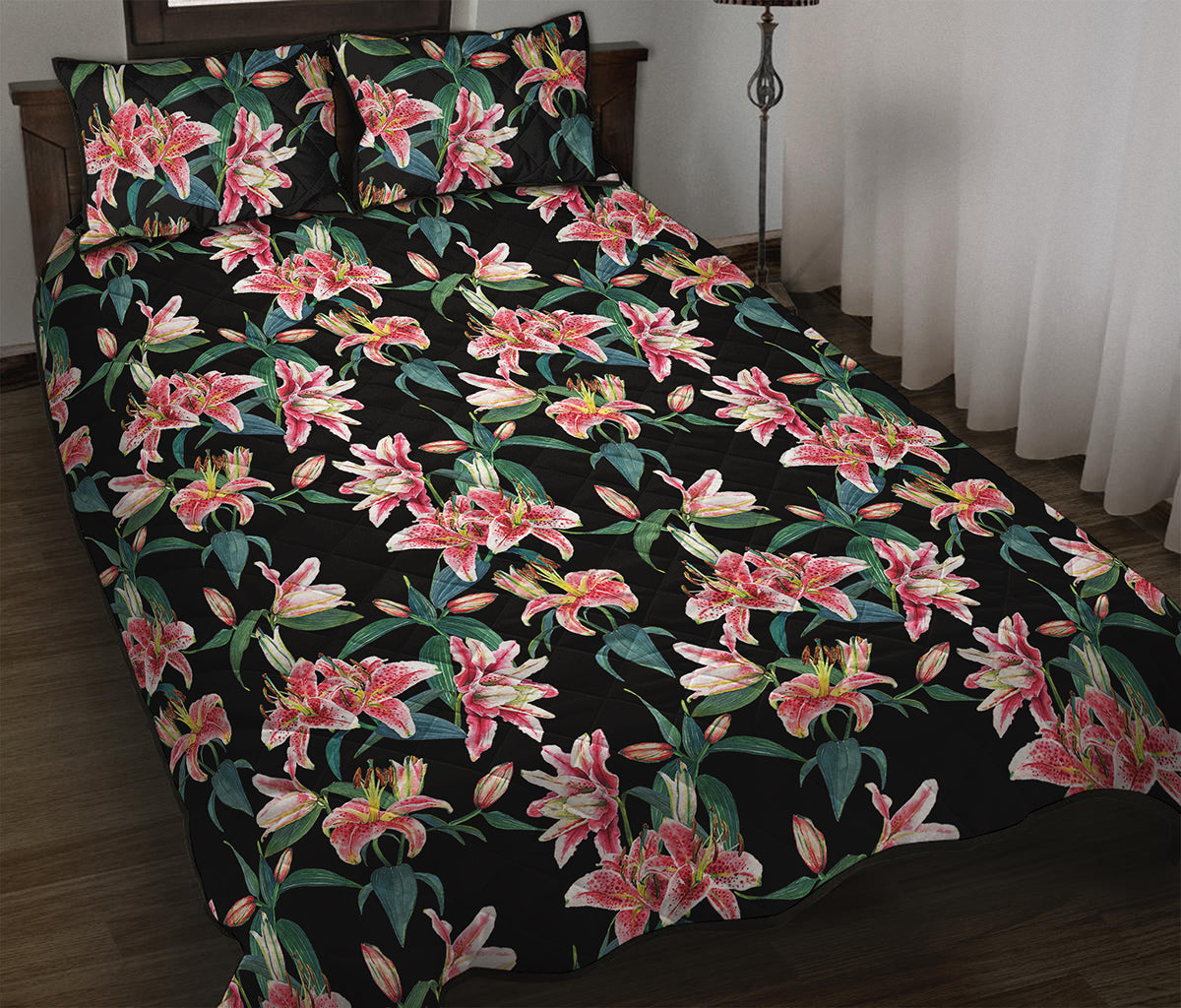 Watercolor Tropical Lily Pattern Print Quilt Bed Set