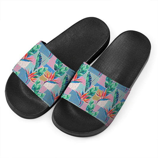 Watercolor Tropical Patchwork Print Black Slide Sandals