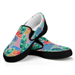 Watercolor Tropical Patchwork Print Black Slip On Shoes