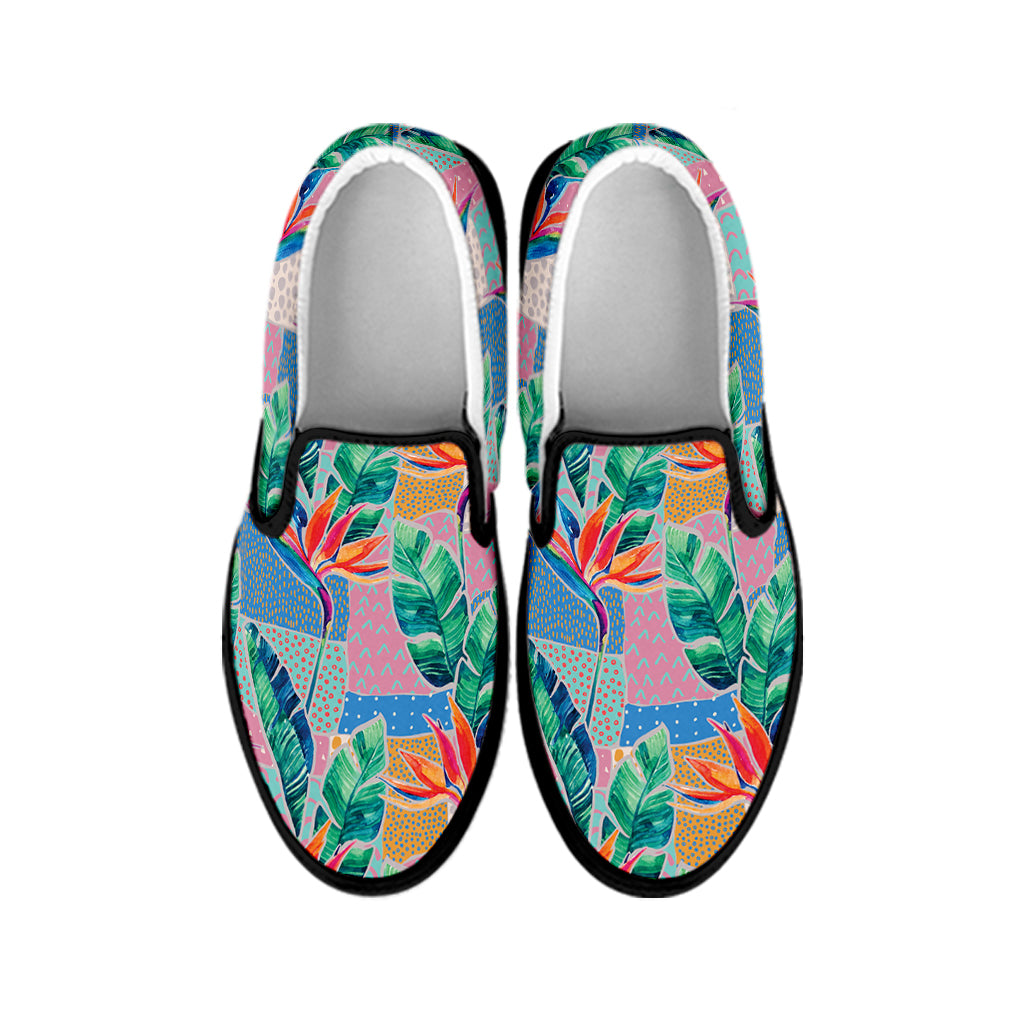 Watercolor Tropical Patchwork Print Black Slip On Shoes