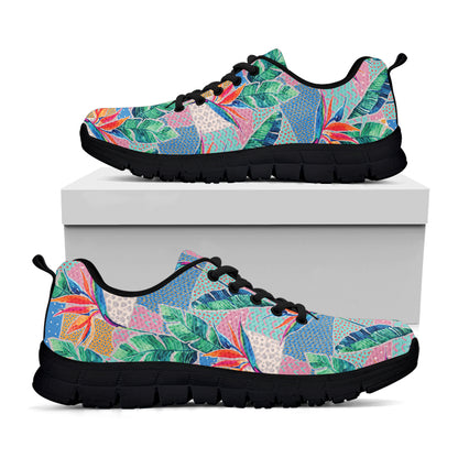 Watercolor Tropical Patchwork Print Black Sneakers