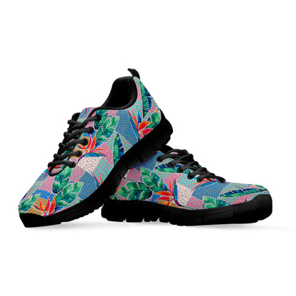 Watercolor Tropical Patchwork Print Black Sneakers