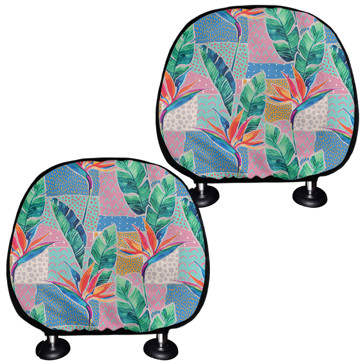 Watercolor Tropical Patchwork Print Car Headrest Covers