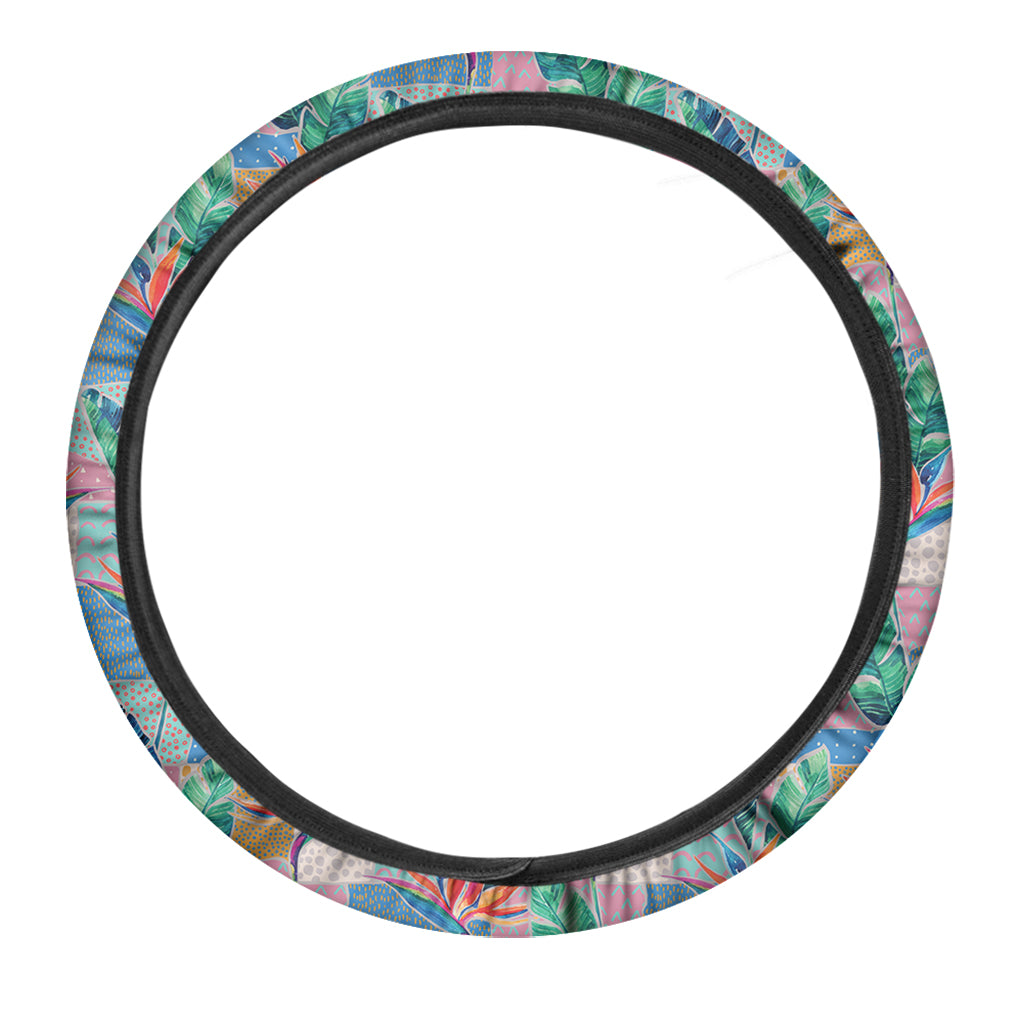 Watercolor Tropical Patchwork Print Car Steering Wheel Cover