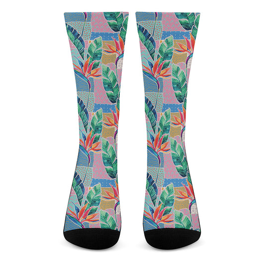 Watercolor Tropical Patchwork Print Crew Socks