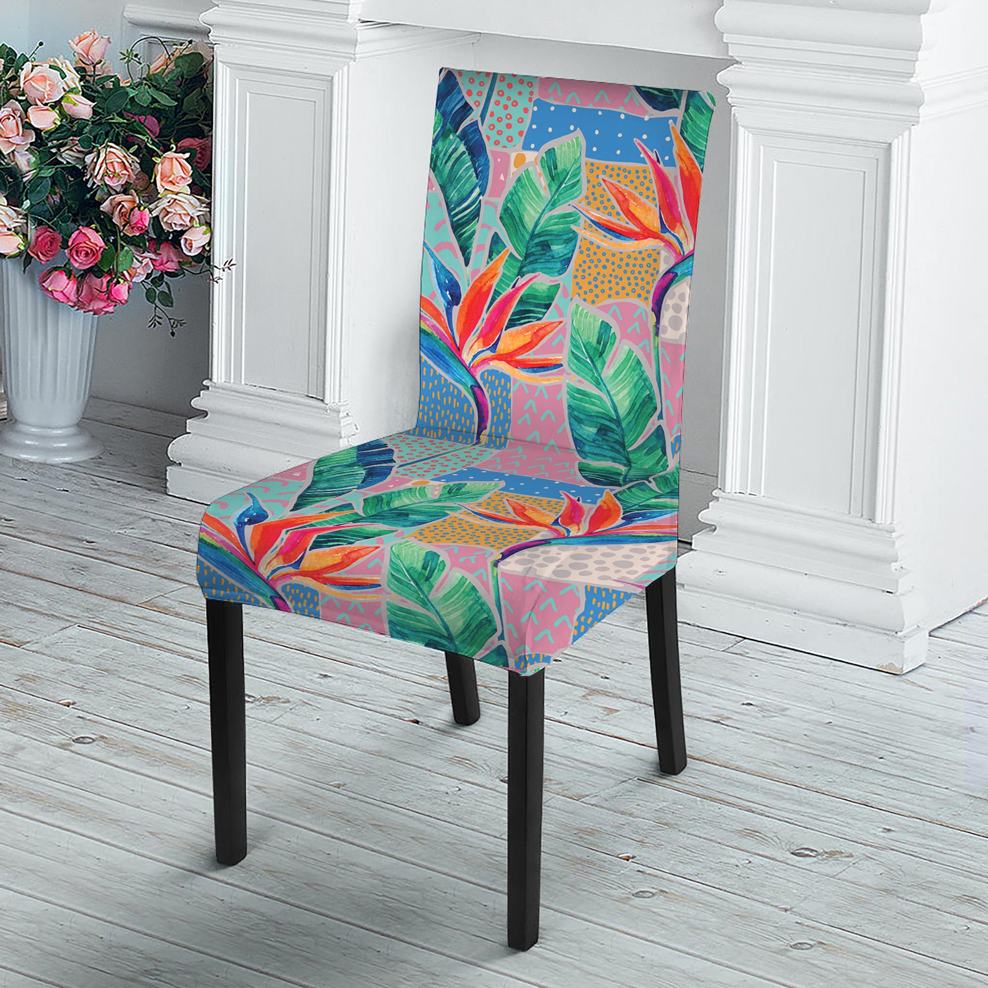 Watercolor Tropical Patchwork Print Dining Chair Slipcover