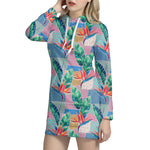 Watercolor Tropical Patchwork Print Hoodie Dress