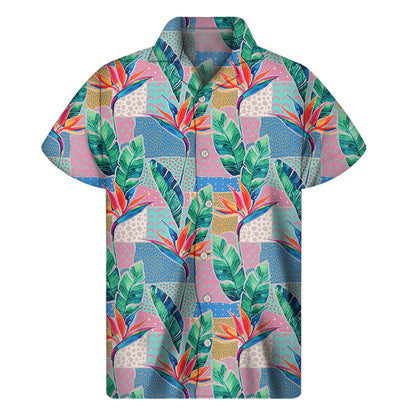 Watercolor Tropical Patchwork Print Men's Short Sleeve Shirt