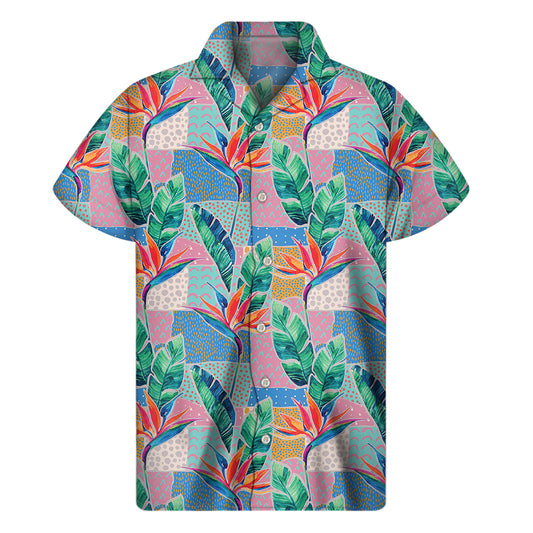 Watercolor Tropical Patchwork Print Men's Short Sleeve Shirt