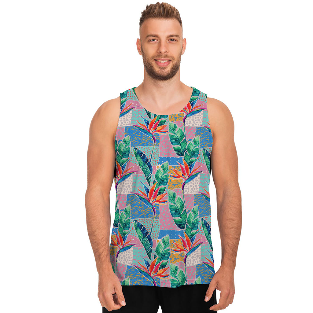 Watercolor Tropical Patchwork Print Men's Tank Top