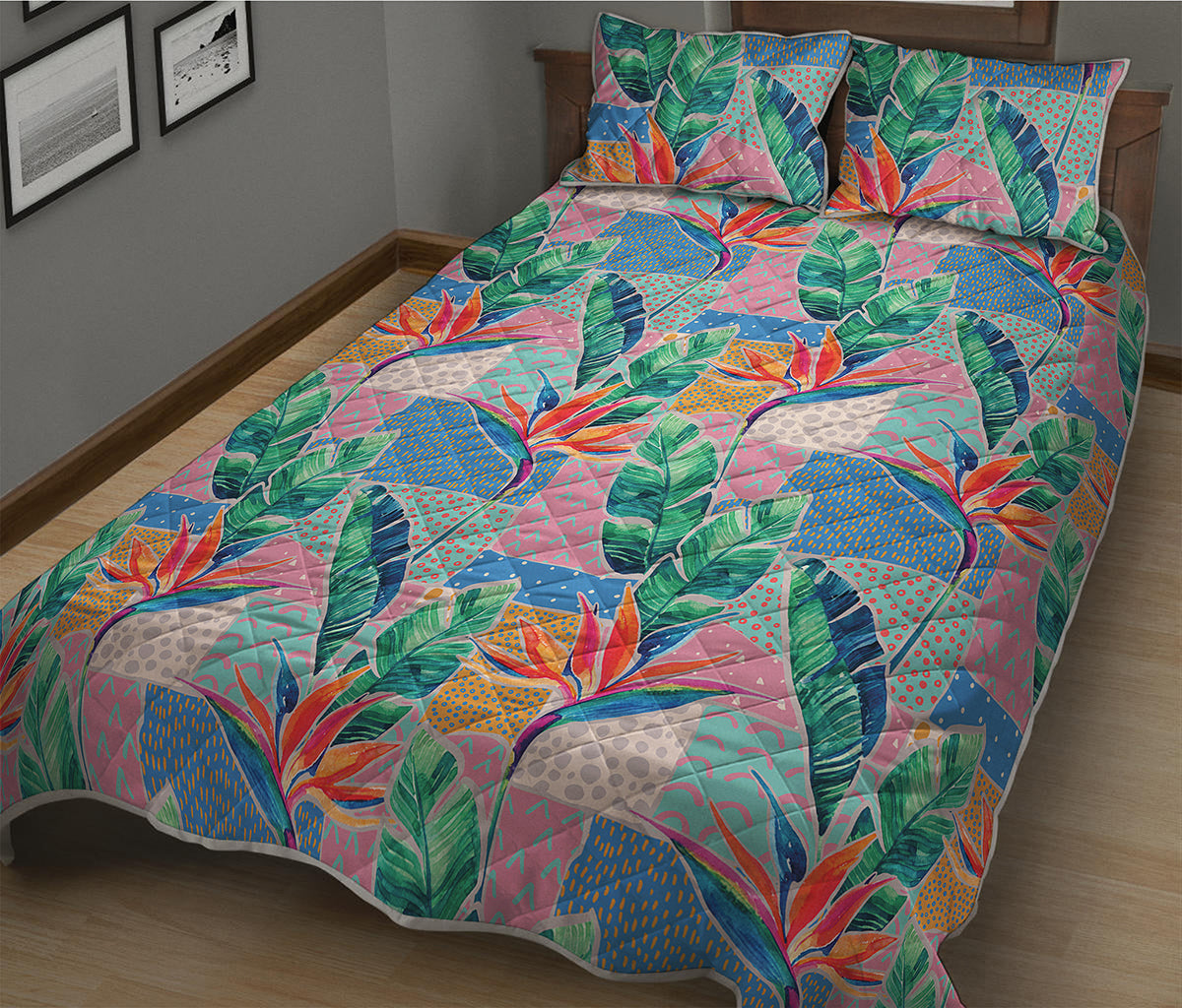 Watercolor Tropical Patchwork Print Quilt Bed Set