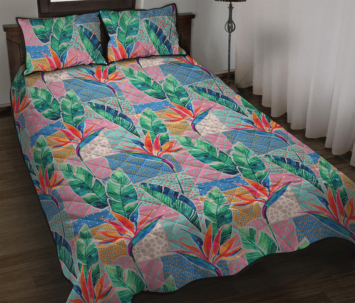 Watercolor Tropical Patchwork Print Quilt Bed Set